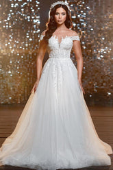 A-Line Off-the-Shoulder V-neck Tulle Beading Long Wedding Dresses